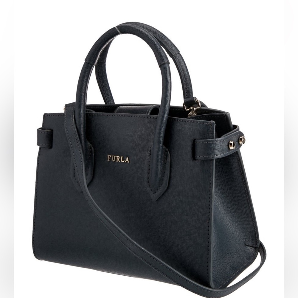 Furla Navy Structured Leather Satchel with Gold Logo - Picture 2 of 5